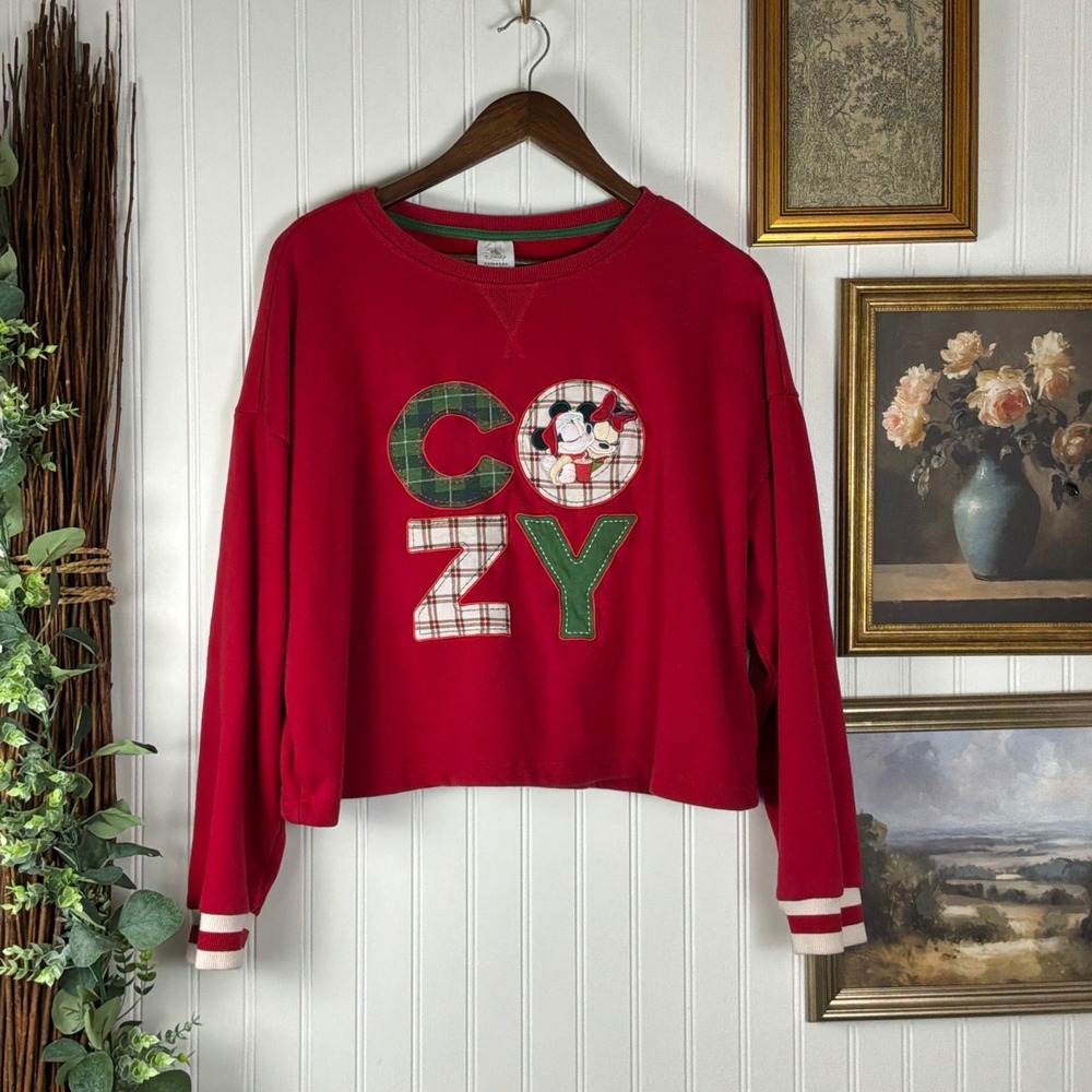 Disney Sweatshirt Womens XL Red Good Mickey Minnie Mouse Cozy Plaid Patchwork